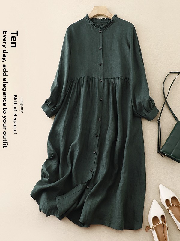 Casual Loose Linen Shirt Dress - Gaun lengan panjang berbahan katun linen