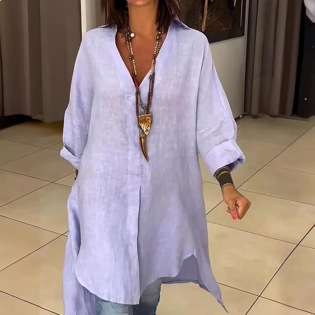 Casual Loose Linen Shirt Dress - Gaun Kemeja Linen Wanita, Model Longgar,