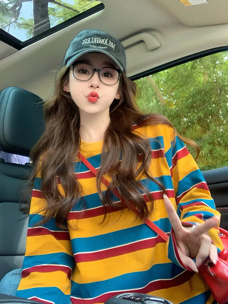 Blouses - Kaos Lengan Panjang Bergaris Warna-warni untuk