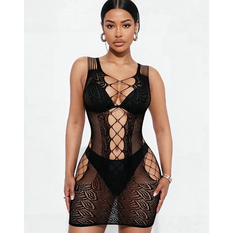 Sexy Mesh Sheer Bodycon Dress - Pakaian Tidur Lingerie Seksi Wanita, Gaun