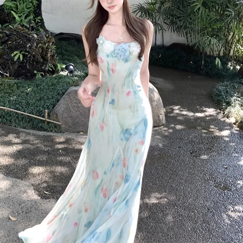 French Vintage Floral Midi Dress - Gaun Midi Jepang Y2k Manis Kawaii