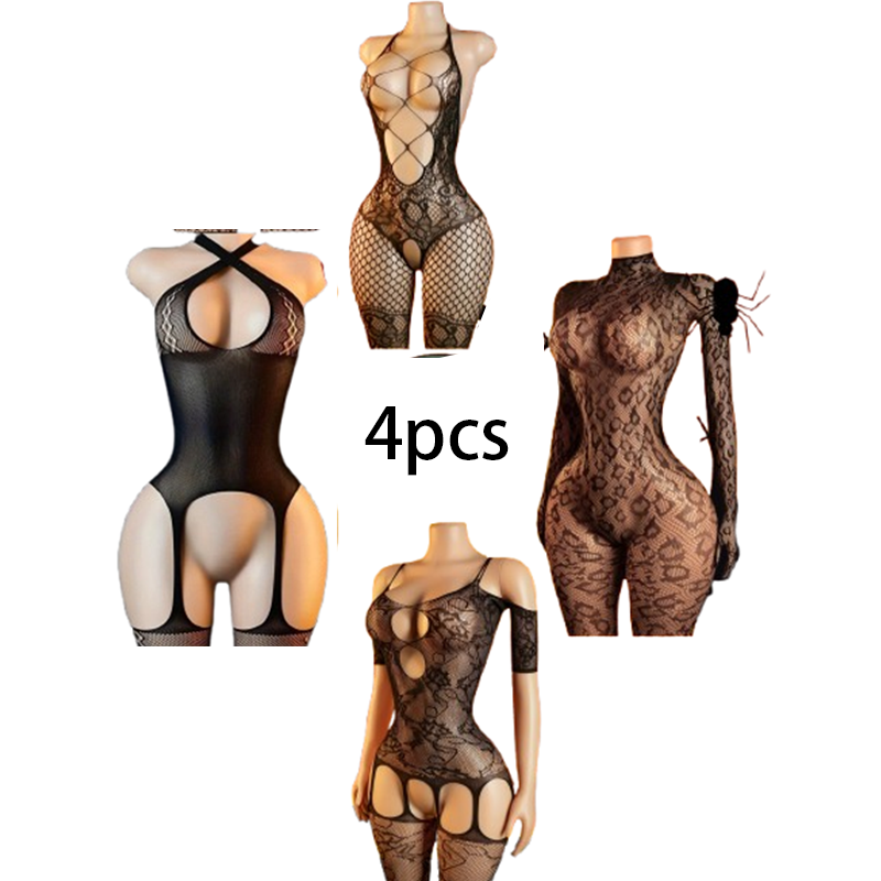 Lingerie - Set Lingerie Seksi 4-Potong: Bodystocking Jaring/Jumpsuit