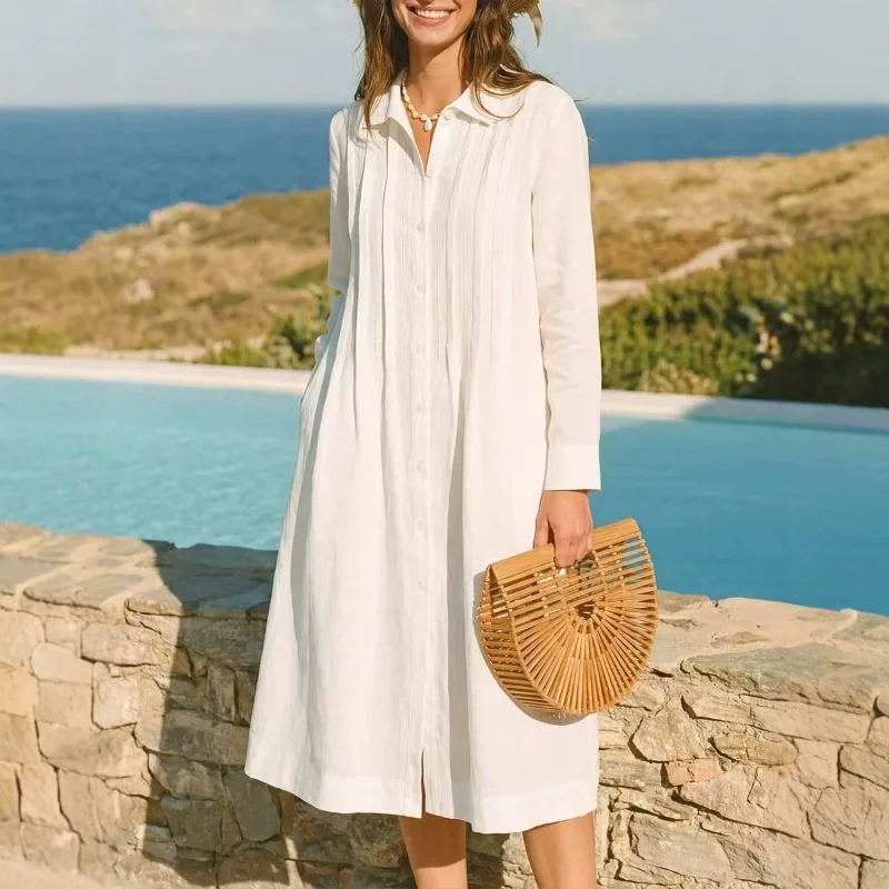 Gaun Panjang Eropa Model Longg - Casual Loose Linen Shirt Dress ulasan dan harga