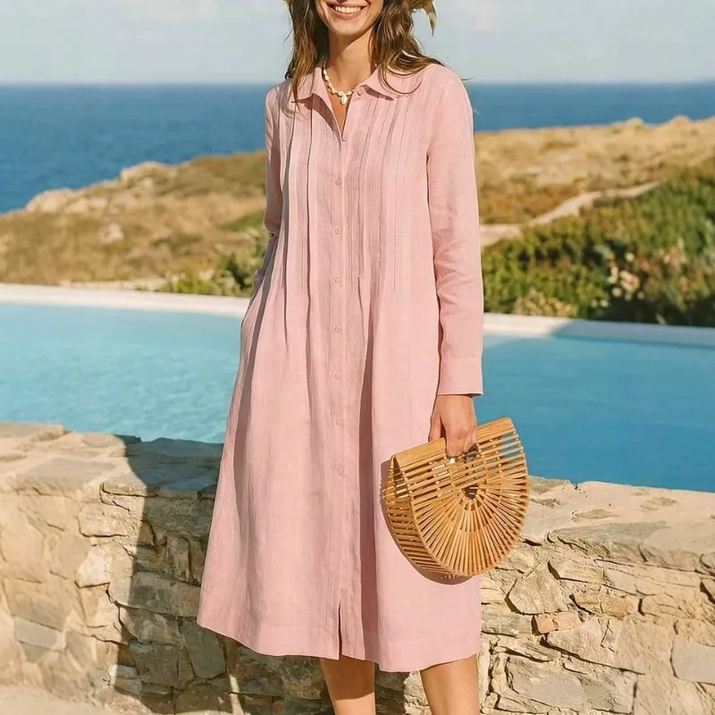 Gaun Panjang Eropa Model Longg - Casual Loose Linen Shirt Dress ulasan dan harga