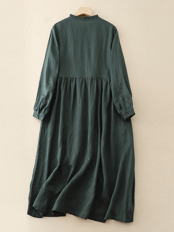 Gaun lengan panjang berbahan k - Casual Loose Linen Shirt Dress ulasan dan harga
