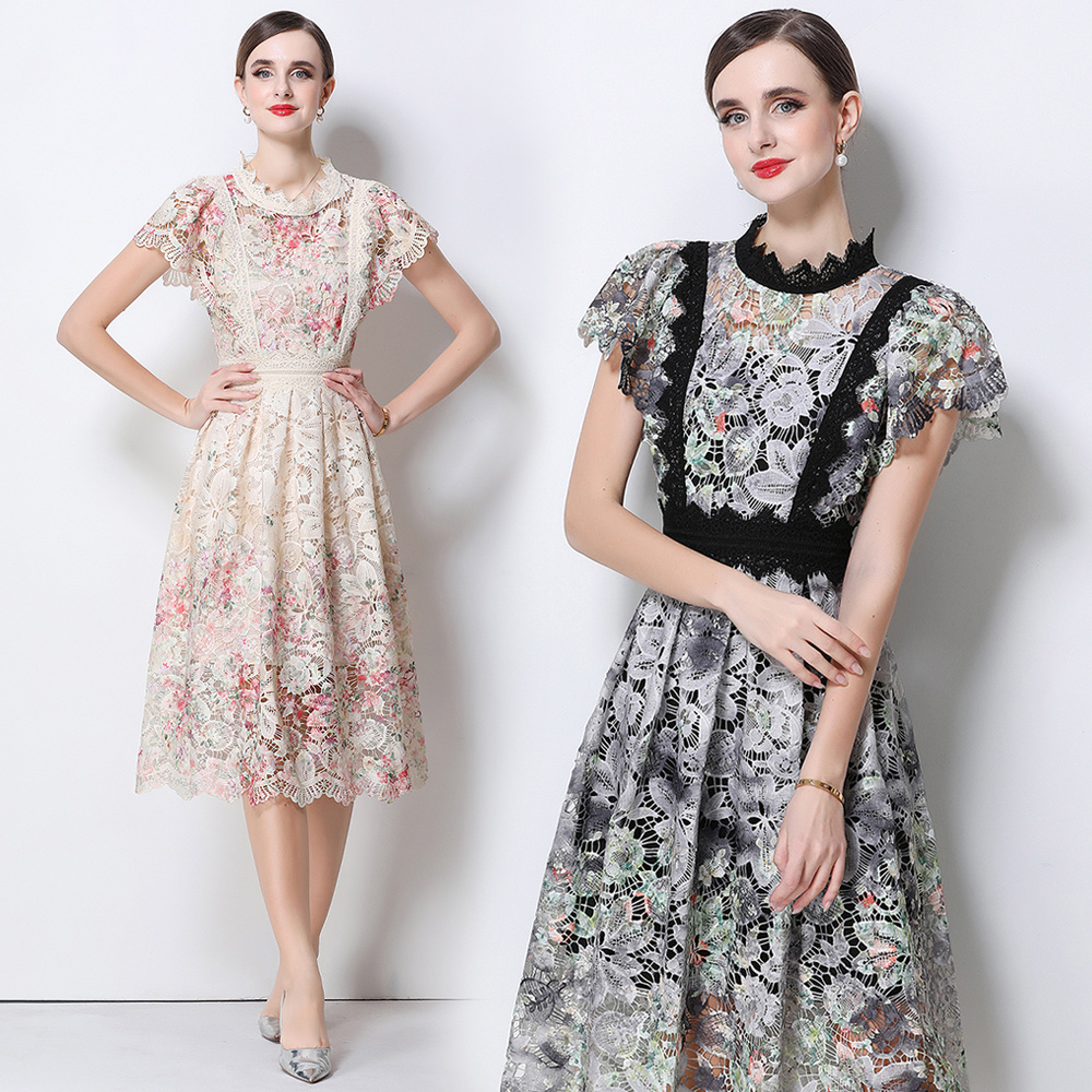 Gaun Midi Bordir Renda Elegan  - French Vintage Floral Midi Dress ulasan dan harga