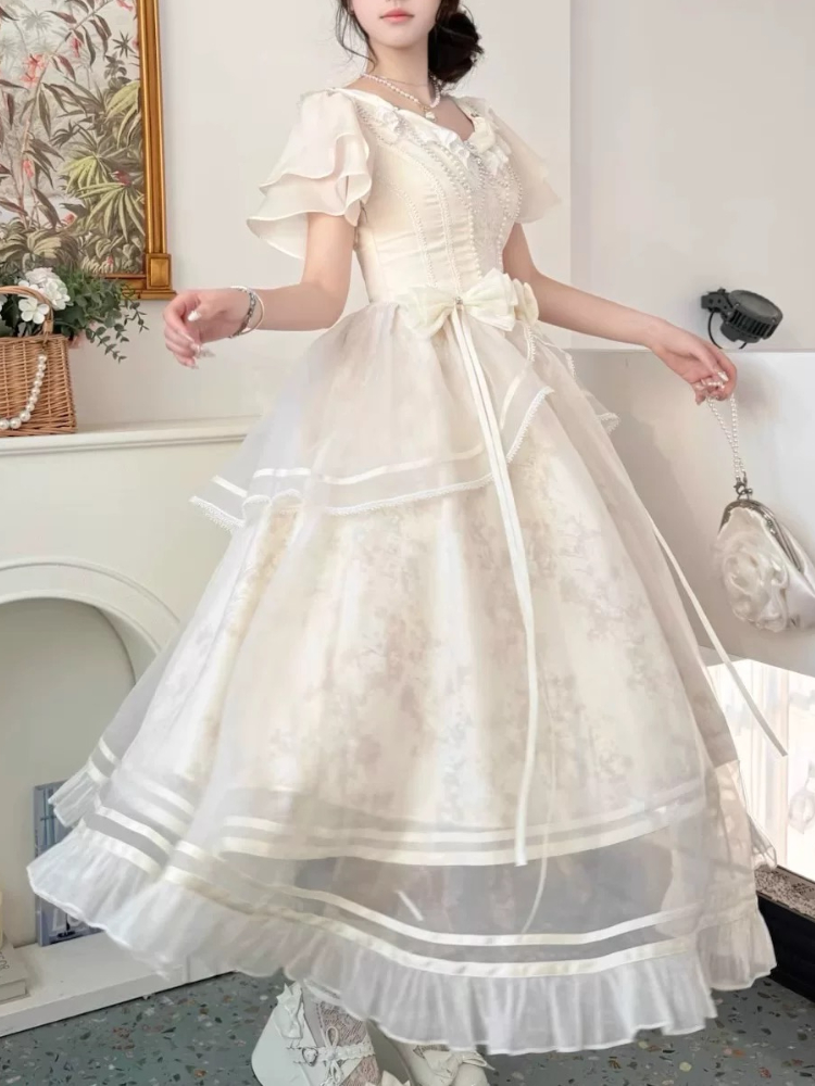 Gaun Desain Pita Antik Manis G - French Vintage Floral Midi Dress ulasan dan harga