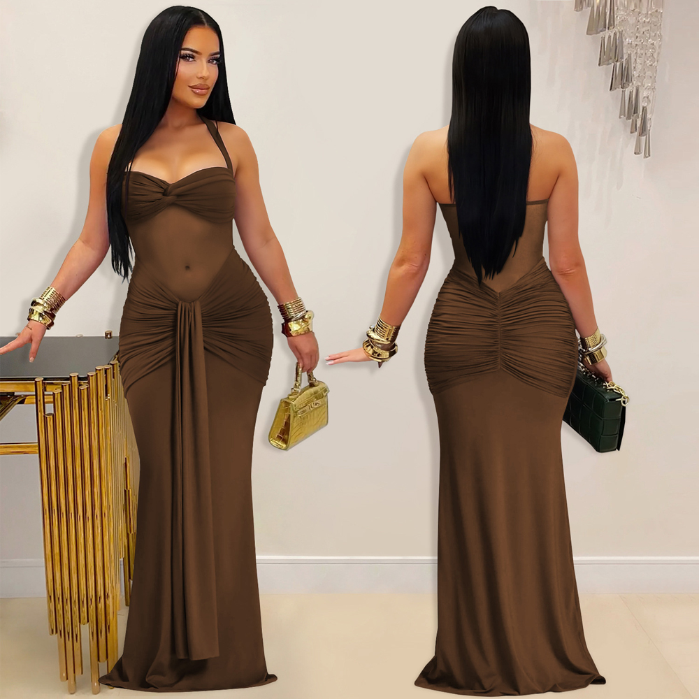 Gaun Halter Jaring Transparan  - Sexy Mesh Sheer Bodycon Dress ulasan dan harga
