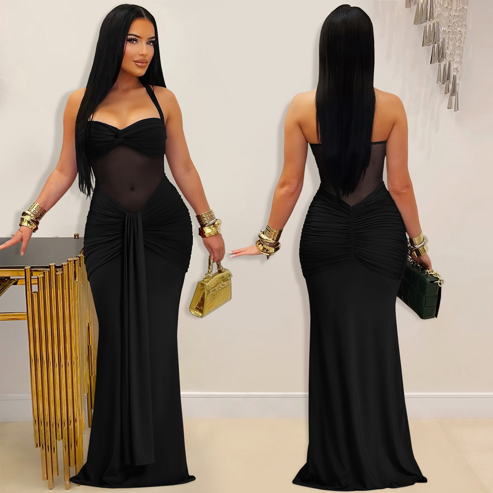 Gaun Halter Jaring Transparan  - Sexy Mesh Sheer Bodycon Dress ulasan dan harga