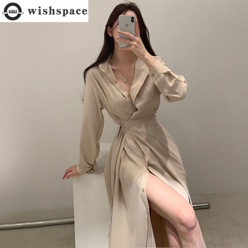 Gaun Gaya Kemeja Kerah Lengan  - Korean Style A Line Shirt Dress ulasan dan harga