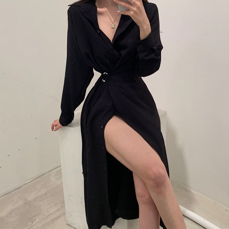 Gaun Gaya Kemeja Kerah Lengan  - Korean Style A Line Shirt Dress ulasan dan harga