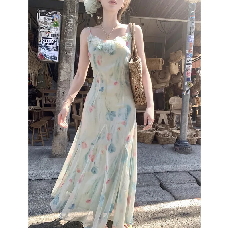 Gaun Midi Jepang Y2k Manis Kaw - French Vintage Floral Midi Dress ulasan dan harga
