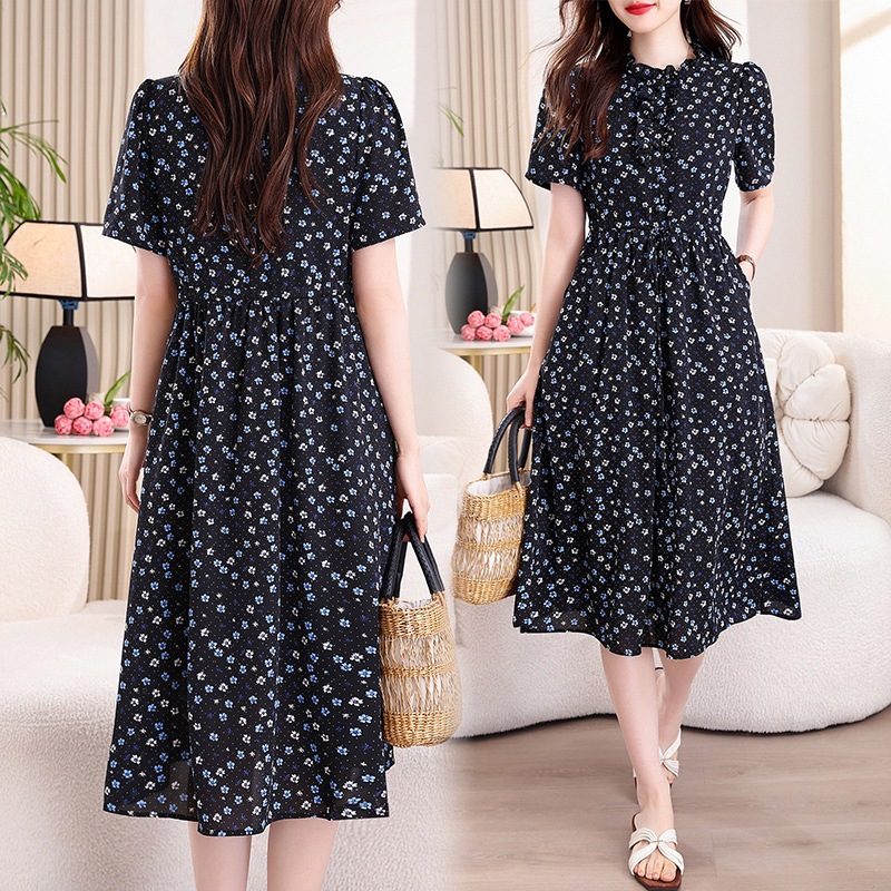 Gaun Midi Motif Bunga Biru Nav - French Vintage Floral Midi Dress ulasan dan harga